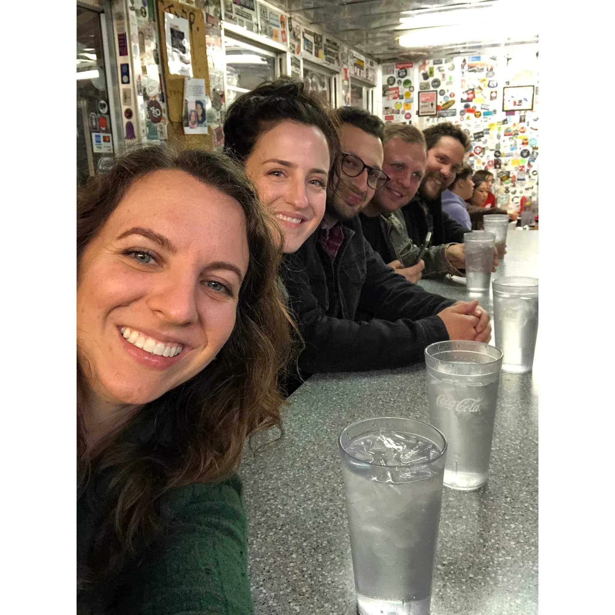 Late night eats at Fleetwood Diner in Ann Arbor with bridesmaid Jessica Dawson and groomsmen Nathan Lizzio and Bernard Sharp.