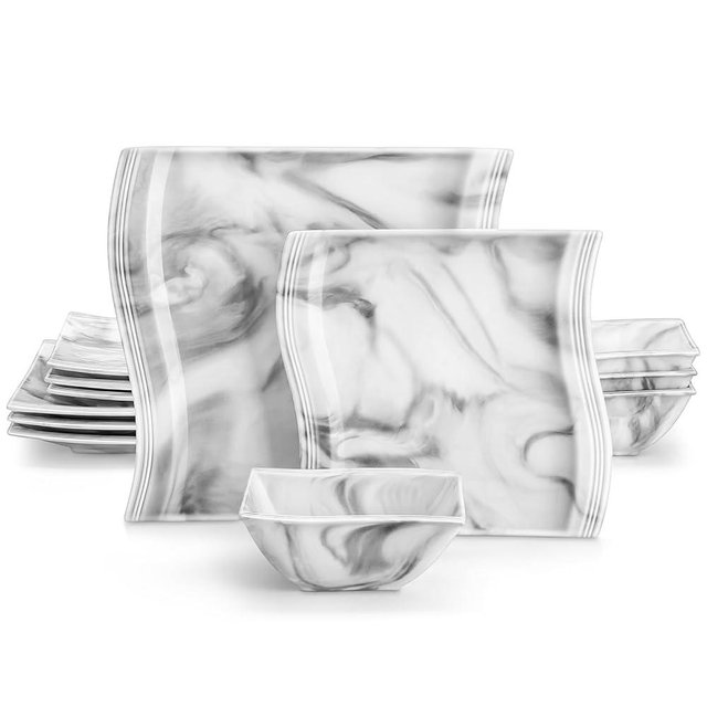 MALACASA Plates and Bowls Sets, 12 Pieces Modern Porcelain Dinnerware Sets for 4, Marble Dishware Set Kitchen Dining Ware Set, Square Ceramic Dish Set, Microwave and Dishwasher Safe, Series Flora