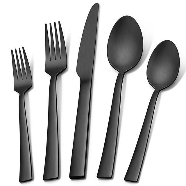 Herogo 40-Piece Matte Black Silverware Set for 8, Stainless Steel Square Flatware Cutlery Set, Tableware Eating Utensils Set Include Knife Spoon Fork, Satin Finish, Dishwasher Safe