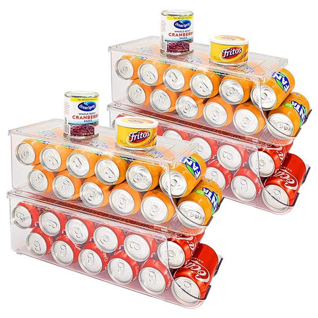SCAVATA 4 Pack Soda Can Organizer for Refrigerator, Stackable Canned Food Pop Cans Container Can Holder Dispenser with Lid for Fridge Pantry Rack Freezer, Clear Plastic Storage Bins-Holds 12 Cans Each