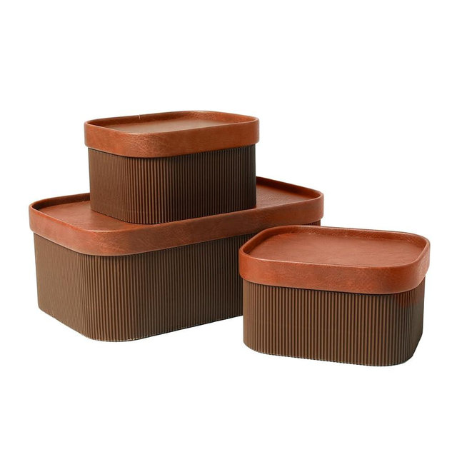 La Jolie Maison Fluted Cardboard Storage Baskets with Leather-Like Lids, Sturdy Stackable Paper Boxes Decorative Tray, Set of 3 Chestnut