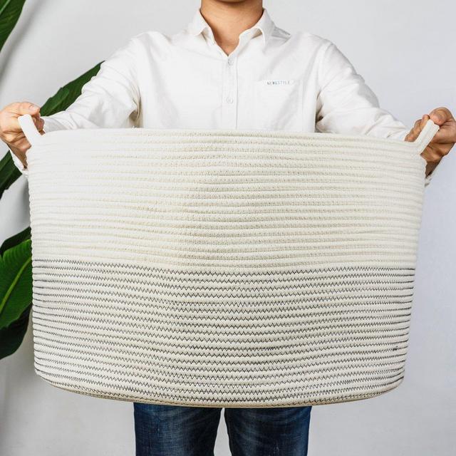 INDRESSME XXXLarge Cotton Rope Basket 21.7 x 21.7 x 13.8 Woven Baby Laundry Basket for Blankets Toys Storage Basket with Handle Comforter Cushions Storage Bins Thread Laundry Hamper-Black Stitch