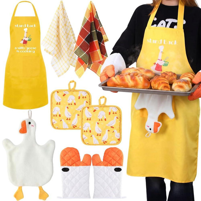 Hushee 8 Pcs Goose Kitchen Decor Set Oven Mitts Pot Holders 1 Apron 1 Hand Towel 2 Kitchen Dish Towels for Mom Cooking Baking Housewarming Gifts Home Decorative Accessories