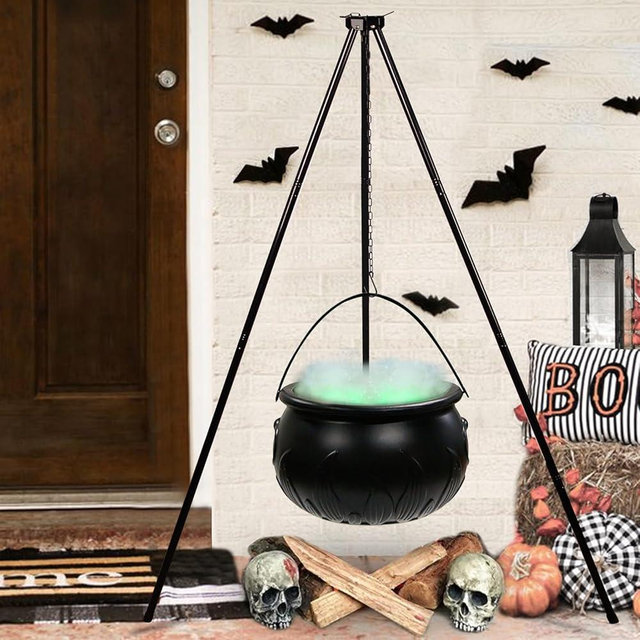 Halloween Decorations Outdoor - Halloween Party Decorations - Large Witches Cauldron on Tripod with Lights - Black Plastic Bowl Decor - Hocus Pocus Candy Bucket Decoration for Home Porch Outside