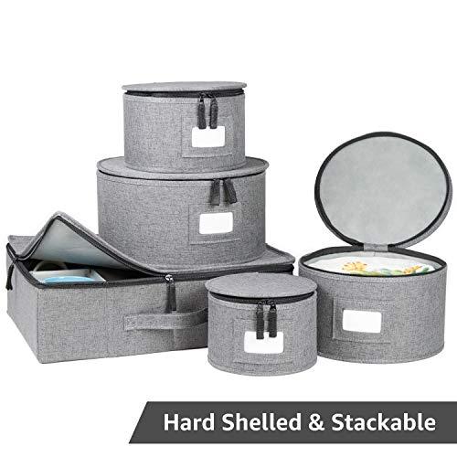 China Storage Set, Hard Shell and Stackable, for Dinnerware Storage and Transport, Protects Dishes Cups and Mugs, Felt Plate Dividers Included (Grey)