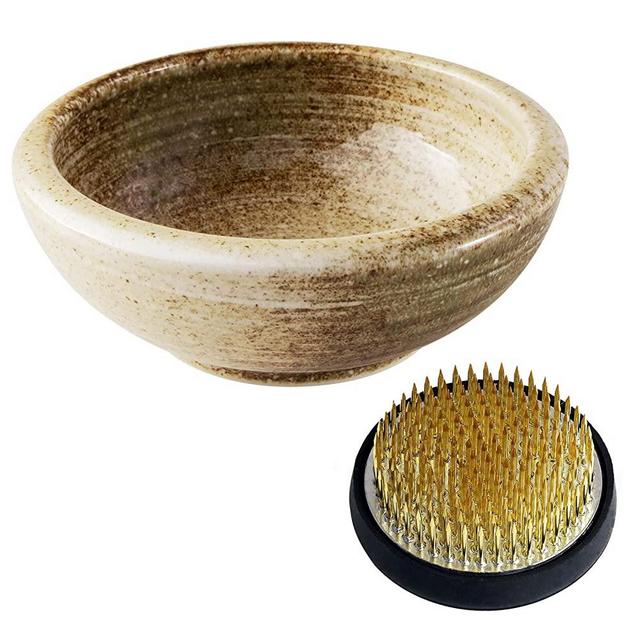 Wazakura Minoyaki Series Japanese Ikebana Essential Tool Kit - Small Round Ceramic Flower Vase and Kenzan Pin Frog for Floral Arranging (Sand Beige Vase + 2in (61mm) Brass Kenzan)