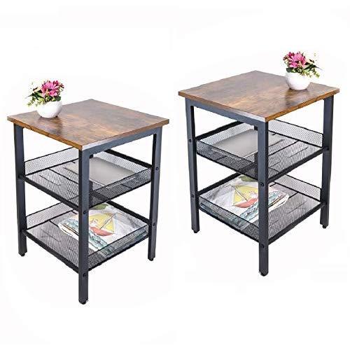 JPNTOYE Metal End Table Set of 2 with Stable Frame, 21.6Inch Industrial Nightstand Table with Mesh Shelves, Wood Look Accent Furniture for Living Room, Bedroom, Rustic Home Decor, Vintage Brown