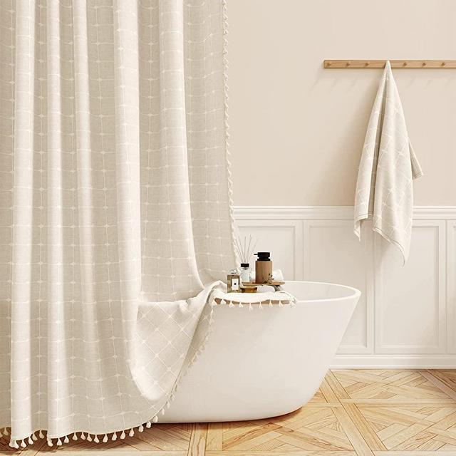 BTTN 60 Inch Stall Shower Curtain - Boho Farmhouse Linen Weighted Fabric Shower Curtain Set with 10 Plastic Hooks, Narrow Bohemian Country Decorative Shower Curtains for Bathroom - 60x72 - Cream/Beige