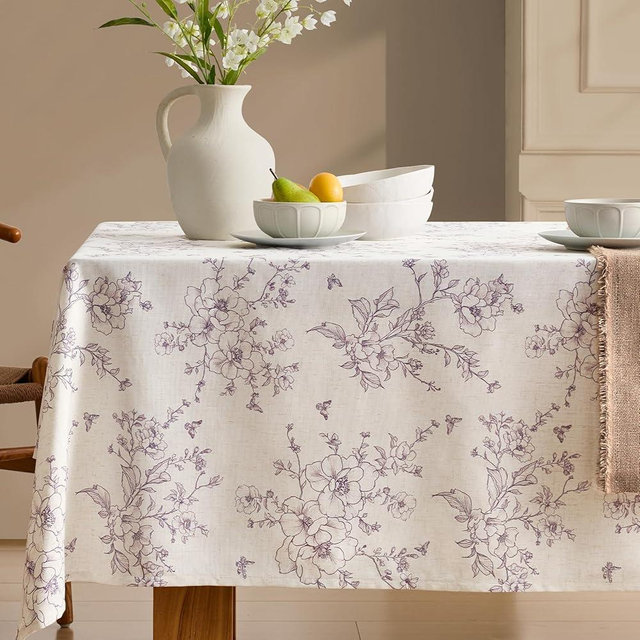 Farmhouse Linen Rectangle Tablecloth Floral Table Cloth with Purple Flowers Pattern Burlap Textured French Rustic Vintage Outdoor Table Cover for Picnic,Dining,Party,Home Decor 55x72 Inch
