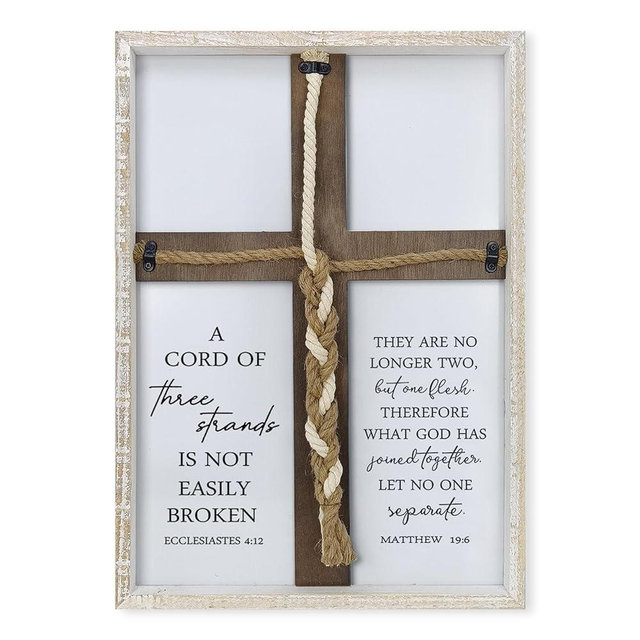 A Cord of Three Strands Wedding Sign Wall Decor 22x16 Inch Christian Marriage Art Wood Framed Unity Cross Braid for Wedding Ceremony Ideas Religious Couple Anniversary Wall Hanging (White)