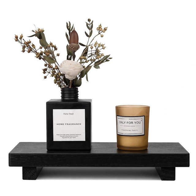 Small Wood Tray Pedestal Stand Farmhouse Bathroom Decor Decorative Wooden Riser Kitchen Soap Dish Holder for Vanity, Counter, Sink, 10" x 4.5" - Black