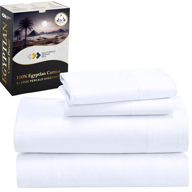 California Design Den Certified 100% Egyptian Cotton Sheets Queen Size Bed Set - Crisp Percale Queen Sheet Set Deep Pocket, Cool & Durable Luxury Bedding - White