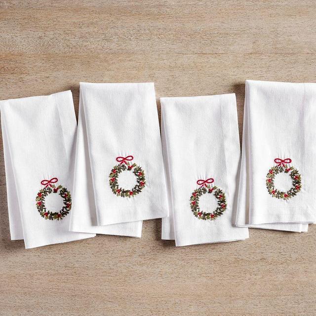 Holly Wreath Embroidered Napkins, Set of 4 - White