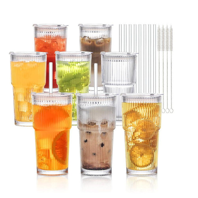 INSETLAN 8-Piece Glassware Set – 20 oz Ribbed Glass Tumblers with Lids and Glass Straws, Heavy-Duty Tumblers, Ideal for Iced Coffee, Smoothies, Cocktails, and Juices – Elegant and Durable Drinkware
