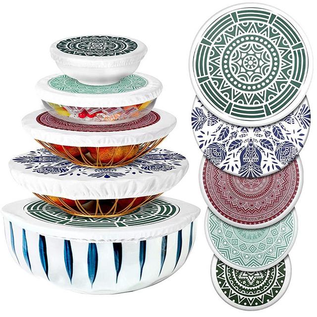 10 Pieces Reusable Bowl Covers Elastic Food Storage Covers Fresh Keeping Bags Alternative to Foil for Family Outdoor Picnic Food Storage, Pot Lids, Microwave, 5 Size (Rustic Style)