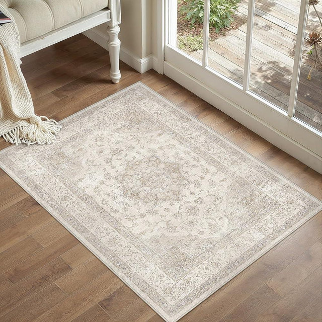 PureCozy Beige Area Rug 2x3 Washable Vintage Small Carpet for Entryway Kitchen Soft Retro Low Pile Thin Door Mat Non Slip Oriental Medallion Throw Rug for Bathroom Office Bedroom Dining Room