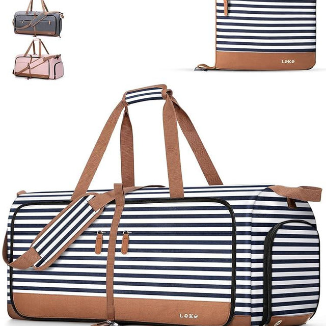 Lekesky Foldable Travel Duffle Bag for Women, 100L Large Duffel Bag with Separate Shoes Compartments & Straps, Carry On Weekend Bag for Women, Hospital, Overnight (Blue Stripes)