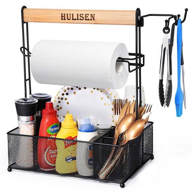 HULISEN Large Grill BBQ Caddy, Picnic Camping Caddy for Plates, Utensils and Paper Towel, Grilling Tool Holder Storage Organizer for Outdoor Grill, Griddle Accessories Camper Table Carry Caddy