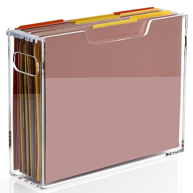 DINGHUO Acrylic File Organizer Box Letter Size Hanging File Organizer, Clear Portable File Folder Box with Handle, Filing Crate Bin Holder for Desk, Office, Home, School - 1 Pack