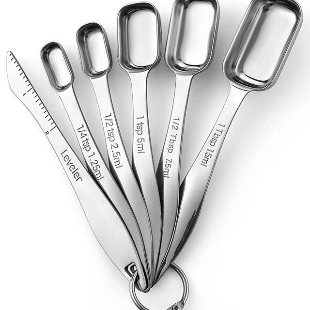Spring Chef Heavy Duty Stainless Steel Metal Measuring Spoons for Dry or Liquid, Fits in Spice Jar, Set of 6 Including Leveler