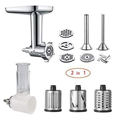 2 in 1 -Food Grinder & Slicer Shredder Attachment Pack for KitchenAid Stand mixer, with Sausage Filler Tube, Work as Food Processor