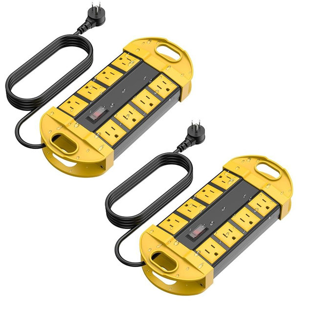 CCCEI 2 Outdoor Power Strips Weatherproof with 8 Plug, Waterproof Extension Cord with Multiple Outlets, Christmas Exterior Garden Yard Surge Protector 6FT, Yellow.