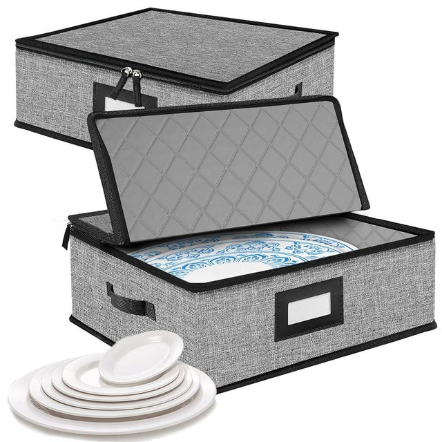 ouruer Quilted Platter Storage Case 2PACK-Fine China Storage Containers Hard Shell for Organizing,Stackable Plate Storage Containers with 8 Felt Dividers,dinnerware Storage,Moving Box,Moving Supplies