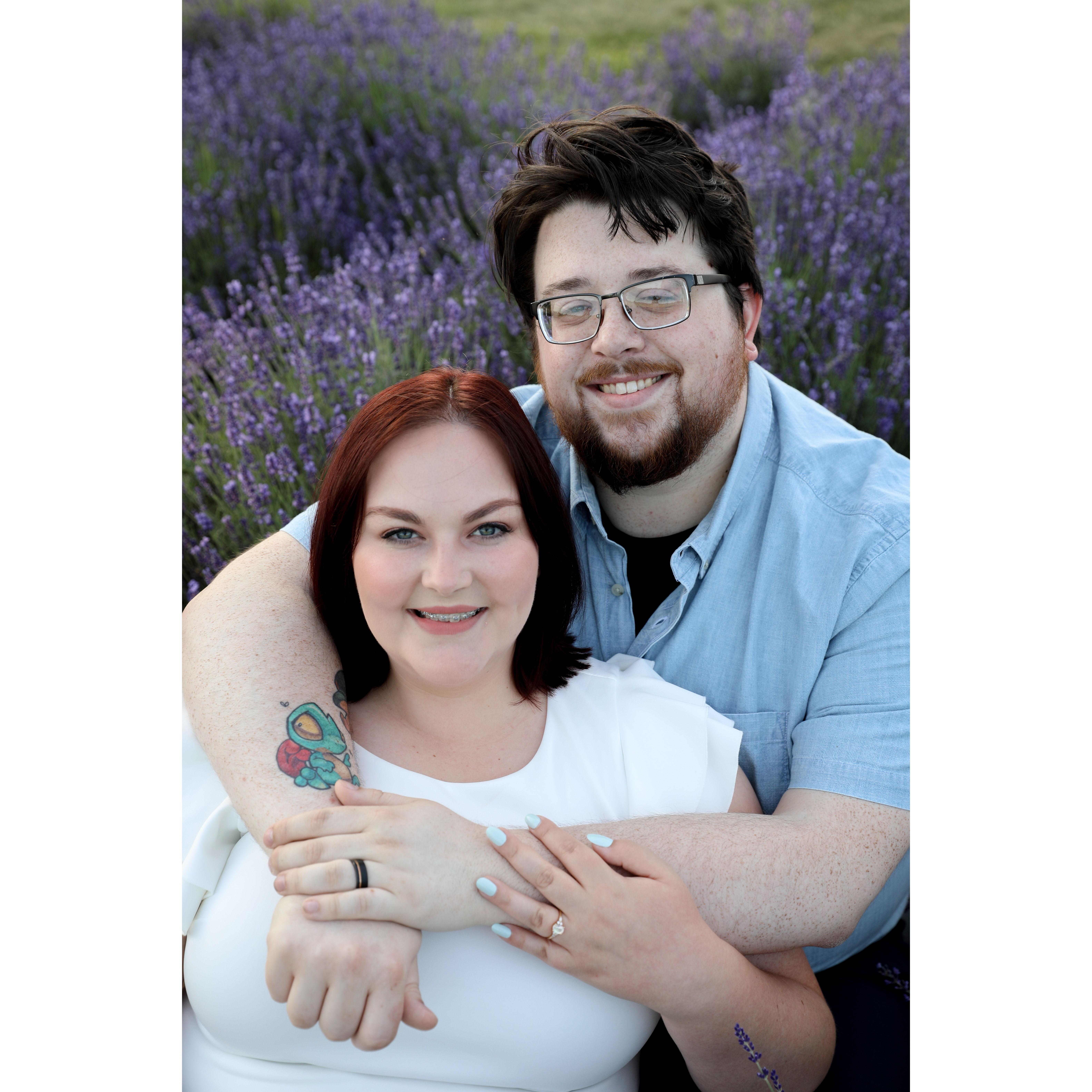 Engagement photoshoot at Sunset Ridge Lavender Farms. Photographer was Bloom Photography, LLC