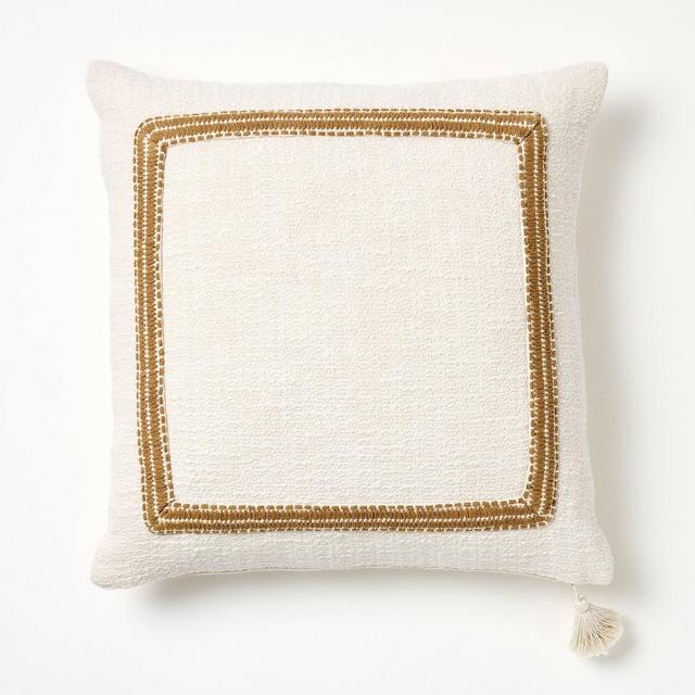 Embroidered Frame Square Throw Pillow Cream/Dark Tan - Threshold™ designed with Studio McGee