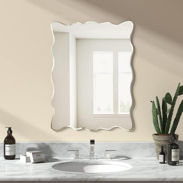 KOHROS Scalloped Beveled Edge Polished Frameless Wall Mirror for Bathroom, Living Room, Vanity, Bedroom, Slive Mirror (W 18" x H 24" Scalloped)