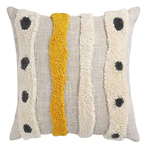 Vanncio Boho Tufted Throw Pillow Cover with Handwoven Stripes, Linen Cotton Simple Decorative Cushion Case for Couch Sofa, 18x18 inches, 1 Set (Yellow Beige)