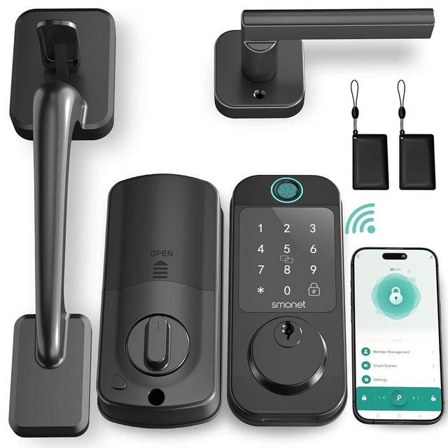 WiFi Front Door Lock Set - SMONET Fingerprint Keyless Entry Smart Locks Handle Set, Digital Remote Control Keypad Bluetooth Alexa Deadbolt Lockset with Auto Lock, Code, Fob, App for Rental,Black