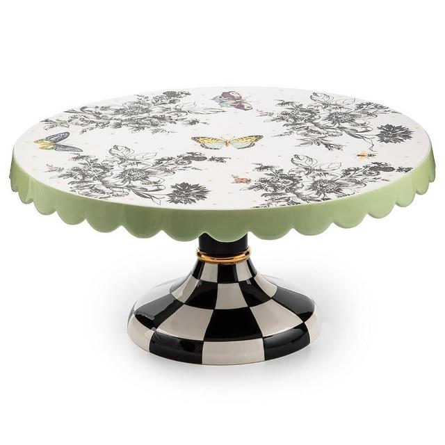 MACKENZIE-CHILDS Ceramic Pedestal Platter, Decorative Tray Stand, Small, Butterfly Toile