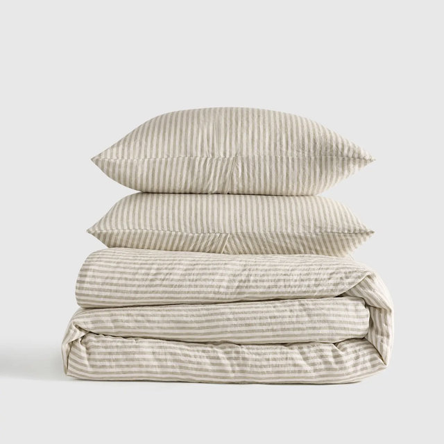 European Linen Duvet Cover Set - King/Cal King Willow Leaf Stripe