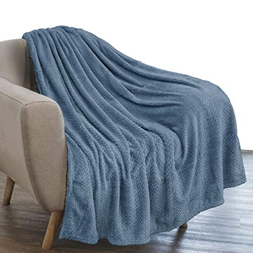 PAVILIA Luxury Flannel Fleece Blanket Throw Slate Blue | Soft Decorative Jacquard Weave Microfiber Throw for Bed Sofa Couch | Velvet Textured Leaves Pattern | Lightweight Plush Cozy Warm | 50"x60"