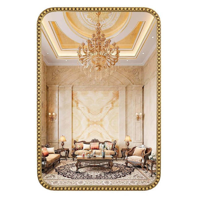 Fobule Wall Mirror for Bathroom - 24"x36" Rectangle Rounded Corner Beaded Frame Mirror, Large Vanity Mirror Hangs Horizontal or Vertical, Antique Gold