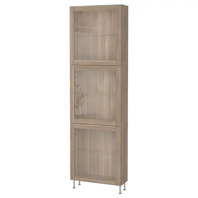 BESTÅ Storage combination w/glass doors, walnut effect light gray/Sindvik/Stallarp gray stained walnut eff clear glass23 5/8x8 5/8x79 1/2 "