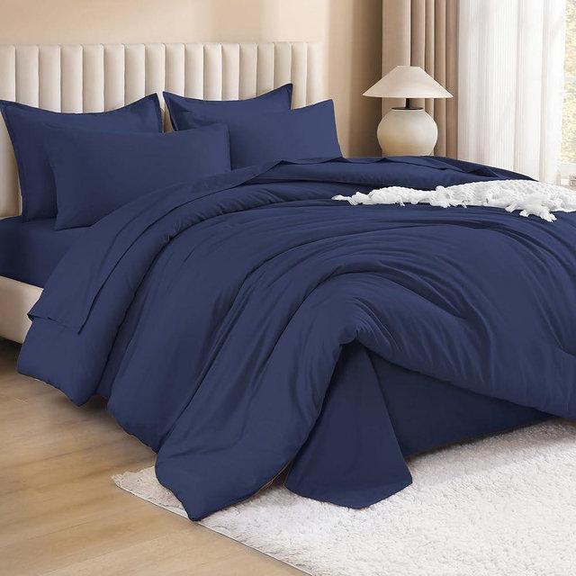 Litanika Oversized King Comforter Sets Navy Blue - 7 Pieces Bed in a Bag Oversized King Bedding Comforter Sets, Solid Lightweight Bed Set with Comforter, Sheets, Pillowcases & Shams