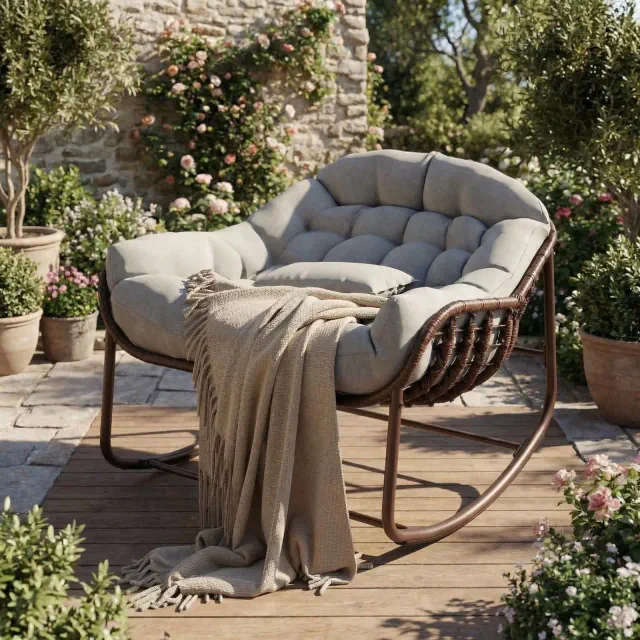 COZONY Oversized Papasan Rocking Chair, Comfy Egg Chair Rocker with Cushion, 450 LBS Heavy Duty Rocking Chair for Patio, Porch, Garden, Bedroom, Lawn