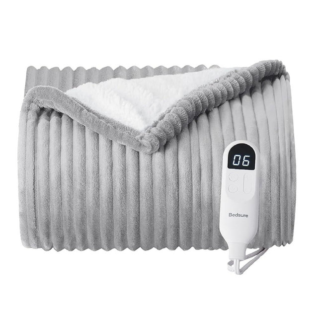 Bedsure Electric Blanket Heated Throw - Soft Ribbed Flannel Heated Blanket, Fast Heating Electric Throw with 6 Heating Levels & 4 Time Settings, 3 Hours Auto-Off (50x60 inches, Harbor Mist)