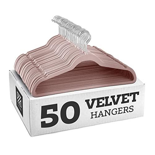 ZOBER Non-Slip Velvet Hangers, Suit Hangers (50 Pack) Ultra Thin Space Saving 360 Degree Swivel Hook Strong and Durable Clothes Hangers Hold Up-to 10 Lbs, for Coats Jackets, Pants (Blush/Light Pink)