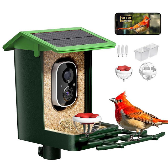 Bird Feeder with Camera Solar Powered 2K HD Video, 10,000+ Species AI Recognition, Real-Time App Alerts, and Weatherproof Design for Effortless Birdwatching, Gift for Bird Lovers, Grass Green