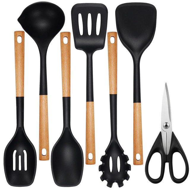 QMVESS Large Silicone Cooking Utensils Set 7 Pcs Heat Resistant Kitchen Utensils Set Food Grade Silicone and Wooden Handles Spatula Soup Ladle Pasta Server Kitchen Scissors BPA Free (Black)