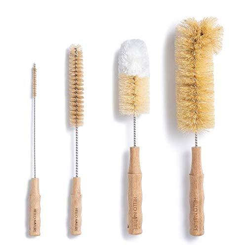 4Pcs Long Handle Bottle Cleaning Brush Set by HELLO NATURE, Sustainable & Biodegradable Natural Fibre Bamboo Handle Brushes Zero-Waste & Plastic Free