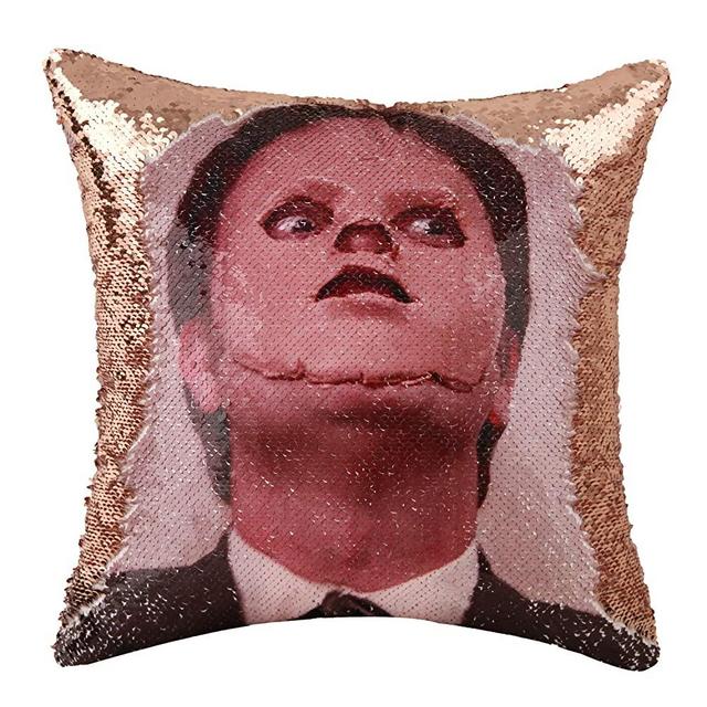 Merrycolor The Office Merchandise Throw Pillow Cover Dwight Schrute Mask Sequin Pillowcase Mermaid Decorative Cushion Cover Funny Gifts 16 X 16 Inch (Champagne Gold)