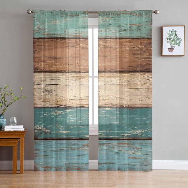 Teal Sheer Curtains 72 Inch Length 2 Panels Set, Turquoise and Brown Kitchen Curtains Rod Pocket Semi Sheer Drapes for Bedroom Living Room, Voile Window Treatment Farmhouse Curtain Wooden Grain Decor