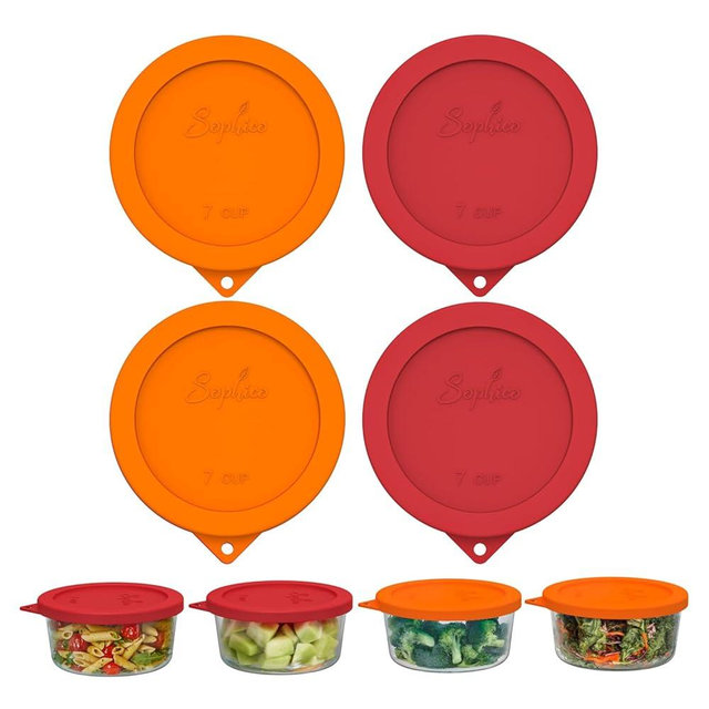 Sophico 1 Cup Round Silicone Storage Cover Lids Replacement for Anchor Hocking and Pyrex 7202-PC Glass Bowls (Container not Included) (Orange - Red)