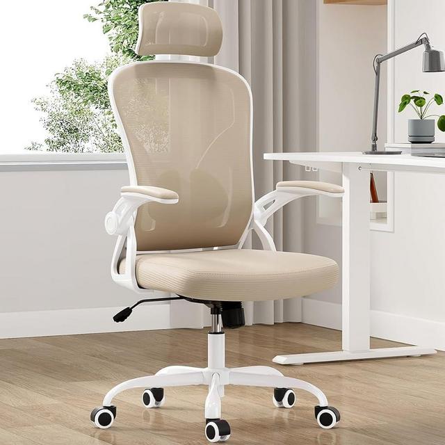 Farini Ergonomic Office Chair, Mesh Office Desk Chair with Headrest, High Back Computer Chair with Flip-up Armrests and Adjustable Lumbar Support.for Home Office Study Room Bedroom, Khaki.
