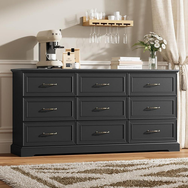 Thacuok Black Dresser 9 Drawer Dresser for Bedroom, 63"W Wooden Chest of Drawers, Rustic Farmhouse Dresser with Large Drawers & Metal Handles, Modern Storage Organizer for Closet, Living Room, Hallway