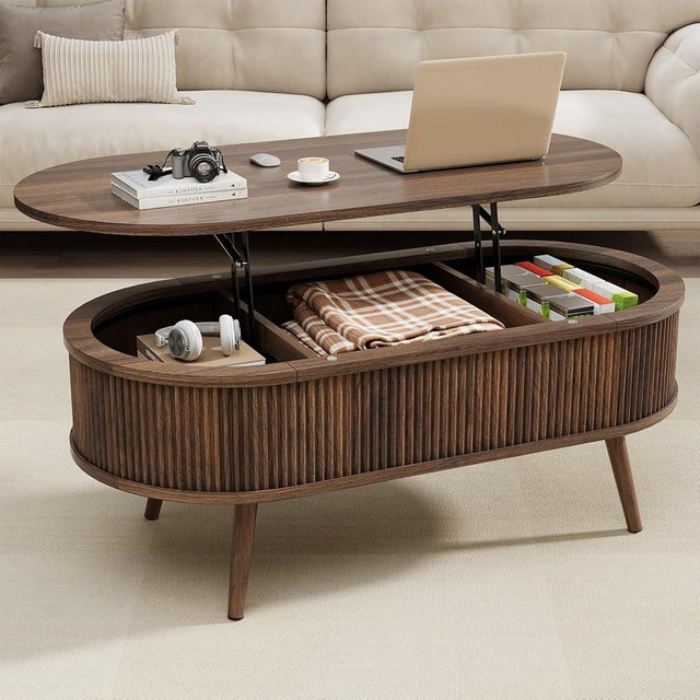 Oval Coffee Table with Storage, Fluted Modern Coffee Table with Lift Top, Small Coffee Tables with Storage, Mid Century Center Table for Living Room Home Office, 39.4", Walnut